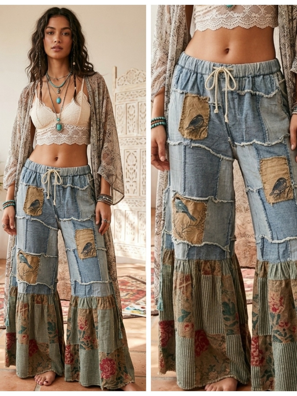 Bohemian Patchwork Wide-Leg Pants in Denim Blue